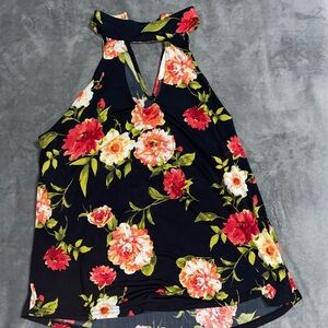 Floral Halter Neck Top - Black and Red